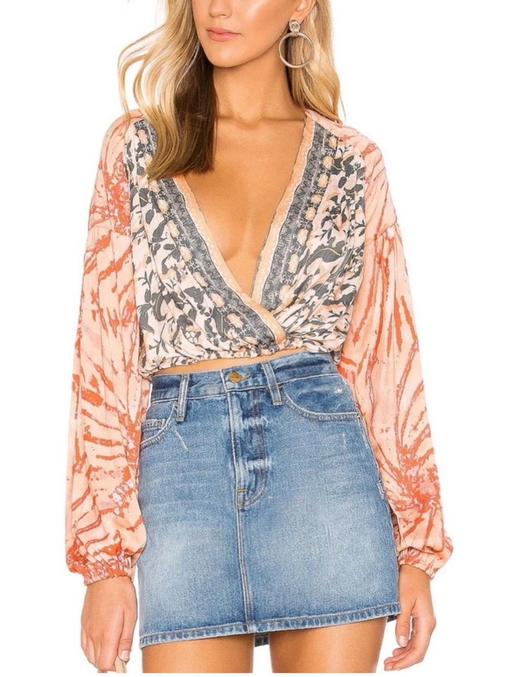 Free people Peach Floral Tie-Dye Wrap Blouse xs